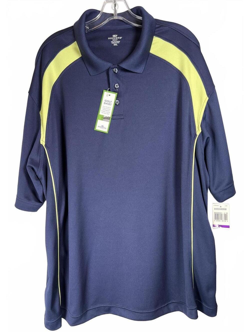 Dockers Golf Shirt Full Swing Fit XXL Navy with Lime Green Accent New with Tags